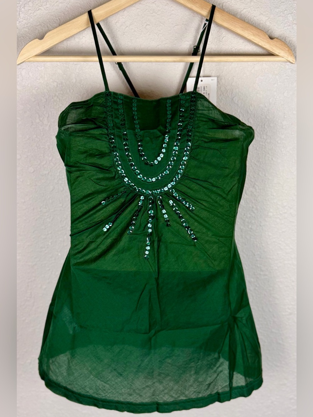 Generra NWT Emerald Green Sequin Cami Tank Top XS Cotton Boho Y2K Festival
